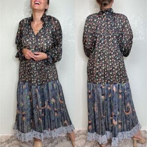 Code x Mode Maxi Dress Floral Boho Summer Flowy Sheer Blue Sz Small Cottagecore